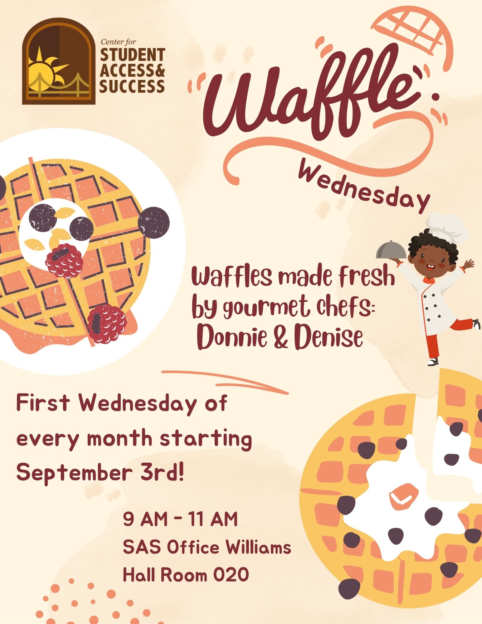 Join us on the 1st Wednesday of each month from 9:00 a.m. to 11:00 a.m. for a morning treat with each other at the Center for Student Access and Success, Williams Hall Room 020. Come for the food, join the conversations and build community. Open to all!