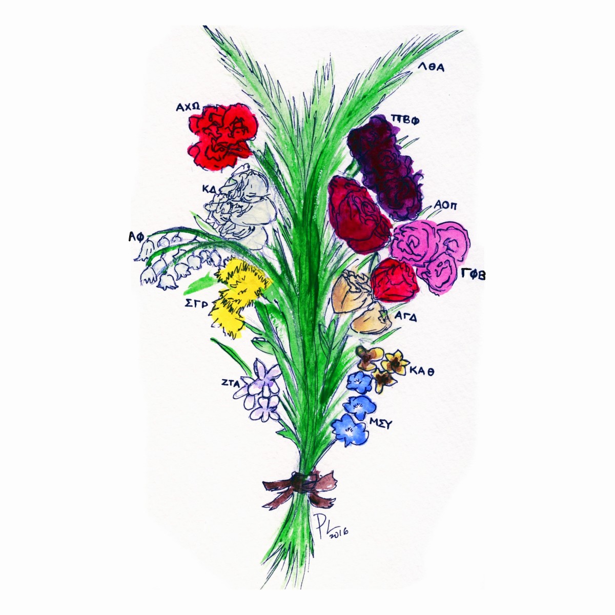Hand drawn picture of a lovely bouquet of flowers. Each flower represents it's respective sorority on LU's campus.